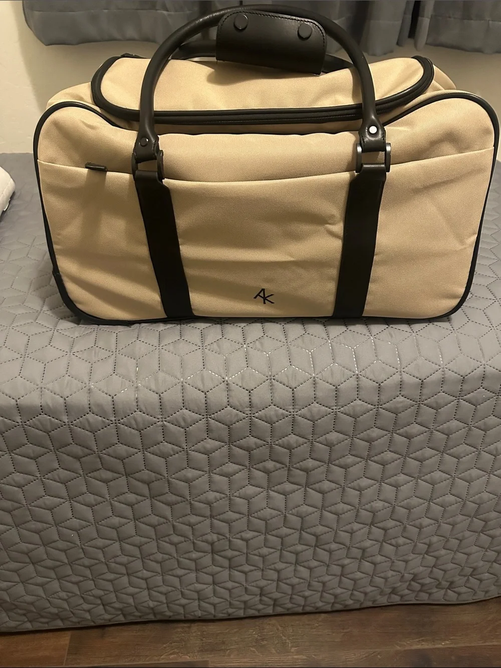Beige and Black Travel Duffel Bag